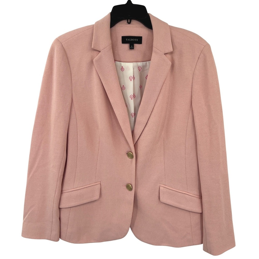 Talbots Pique Knit Blazer 14 Pink Nautical Anchor Lining Gold Crest Button Mod